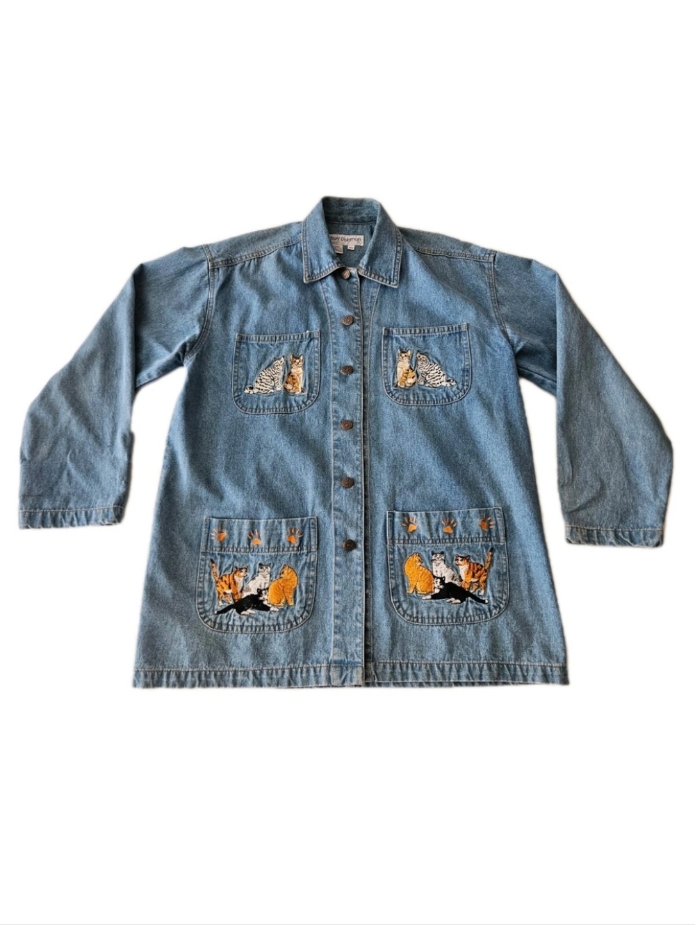 Vtg Casey Coleman Denim Cat Embroidered Button-Up Chore Jacket Cottagecore M/L